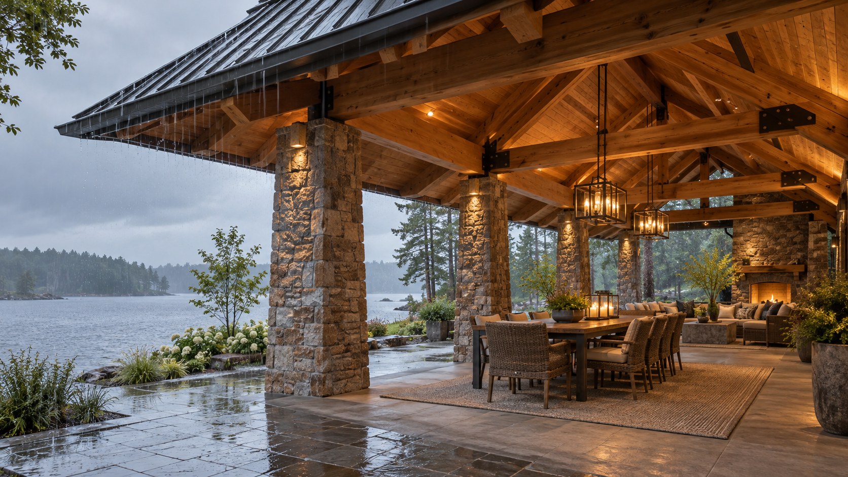 Covered waterfront pavilion with deep metal roof overhangs, exposed timber framing, stone piers, and dry seating beneath.