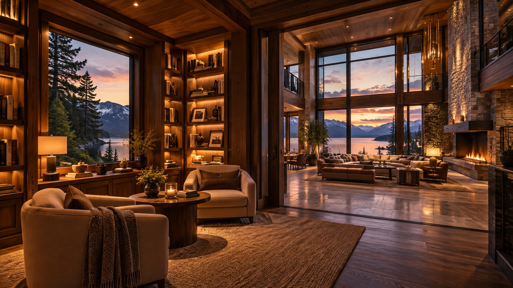 An intimate timber-lined library opens toward a grand lake-facing great room, balancing retreat with expansive scale.