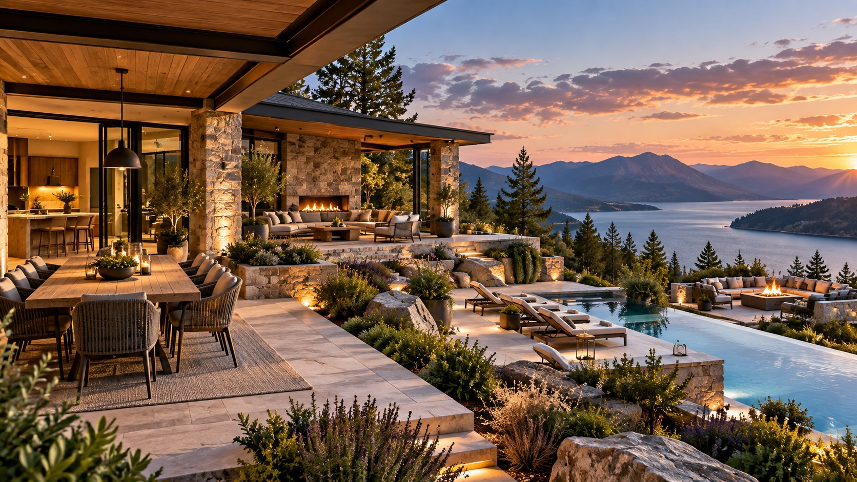 Dining, lounge, poolside, and fire-pit terraces form distinct outdoor rooms across a mountain lake estate.