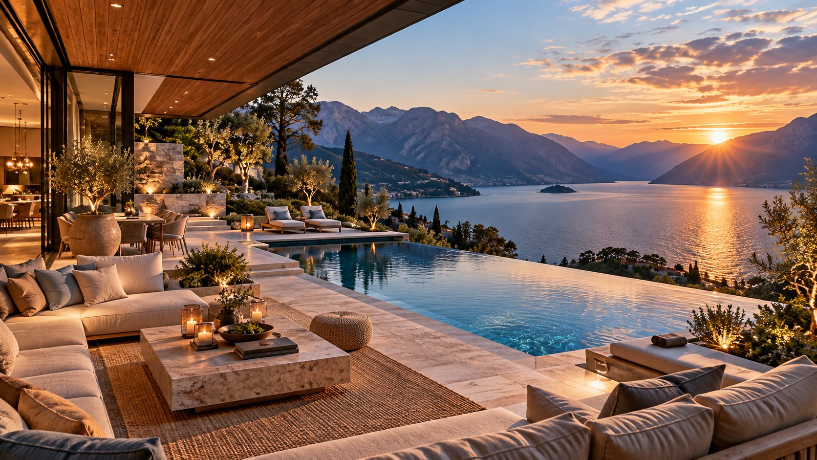 An infinity pool forms a middle water layer between a mountain residence, terraces, lake, and distant peaks.