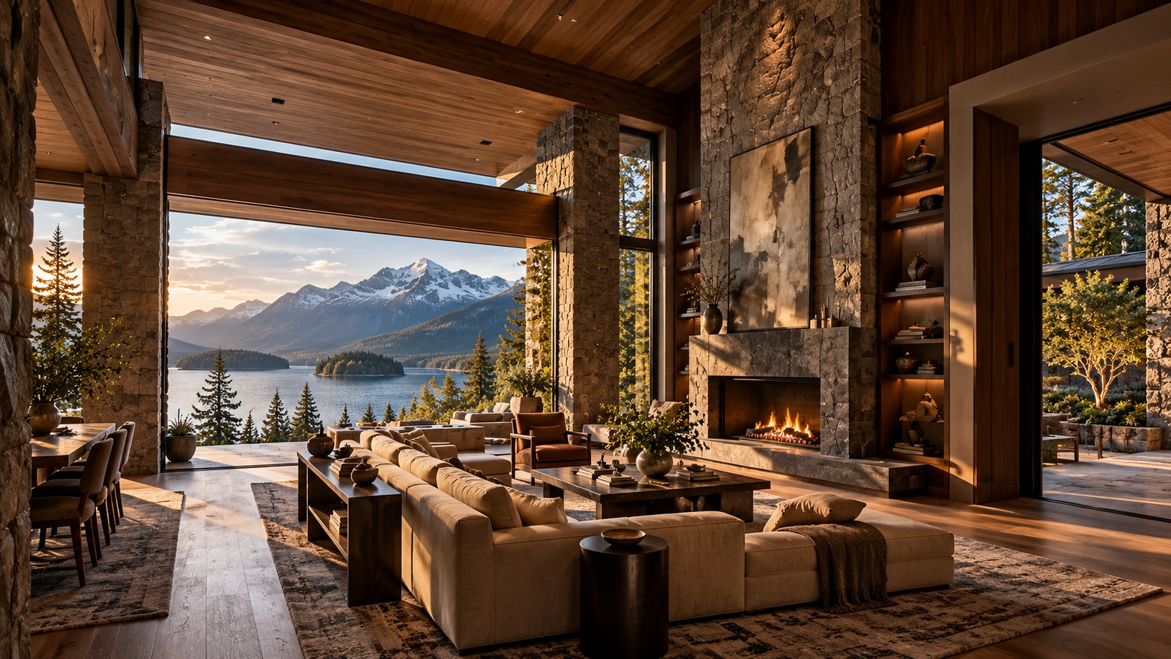 Panoramic and selective lake views alternate with solid stone walls in a grounded mountain living room.
