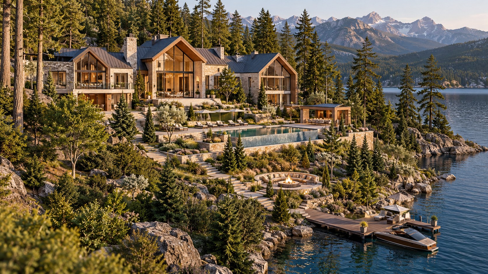 Mountain lake estate steps down through terraces, gardens, pool, fire pit, and dock toward the shoreline.