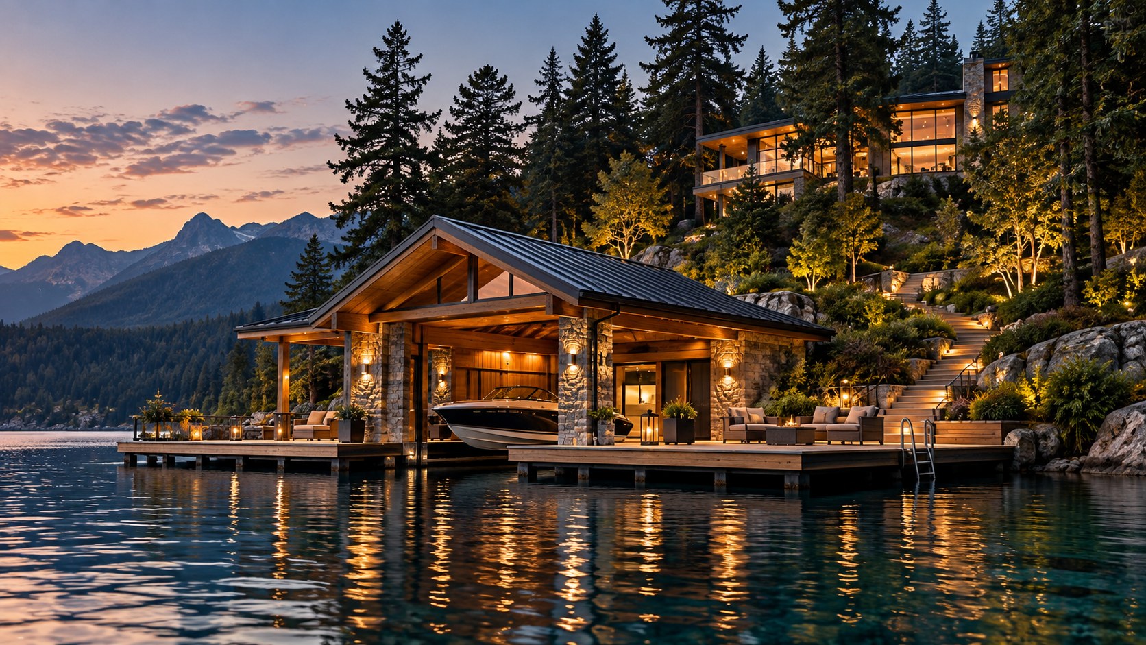 A timber-and-stone boathouse extends the estate onto the lake while remaining secondary to the main residence.