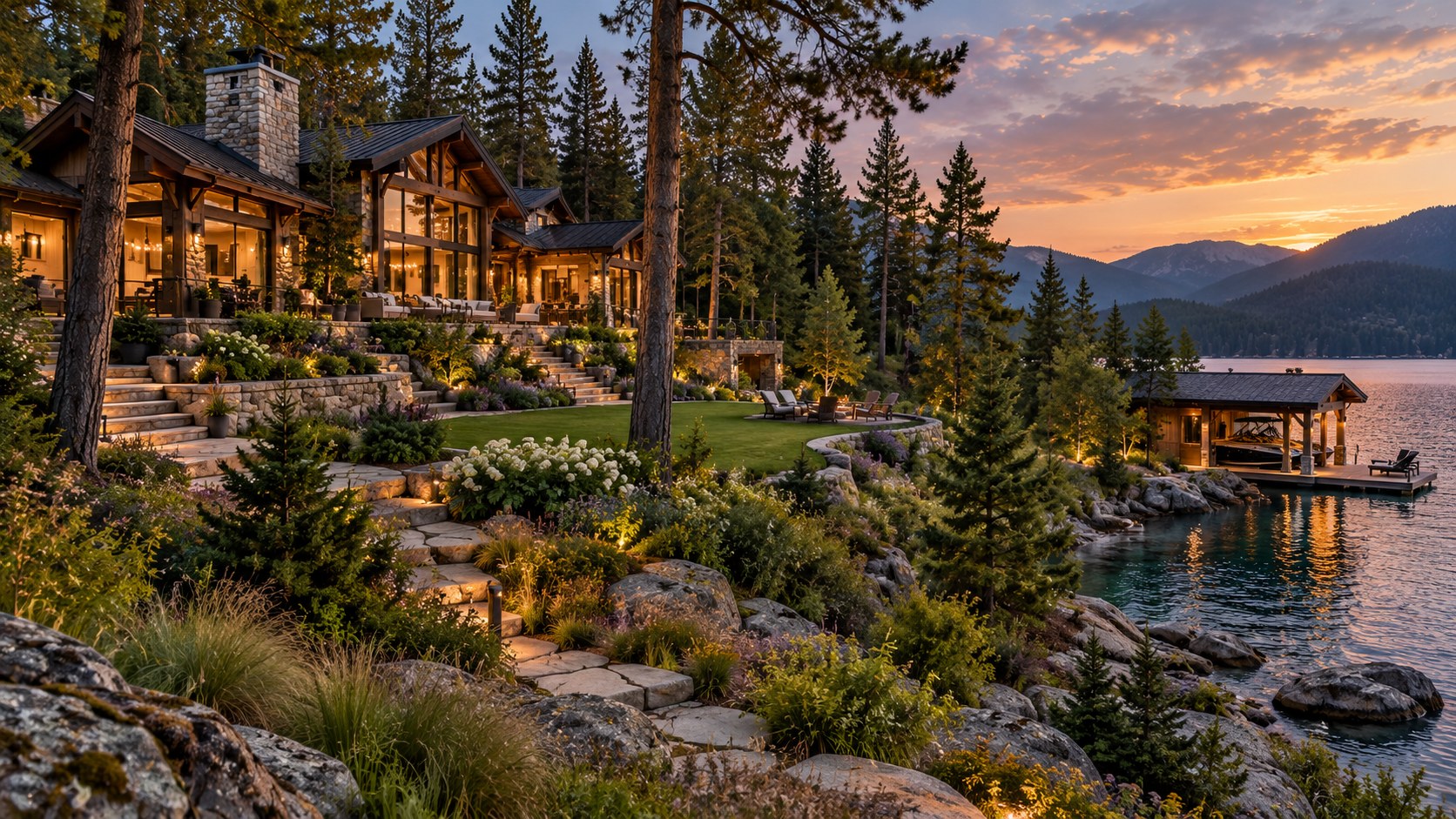 Layered forest, garden, rock, lawn, and natural shoreline make a mountain lake estate feel established in place.