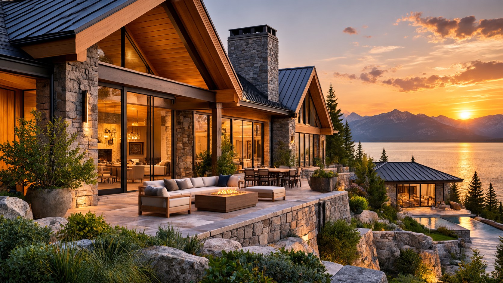 Stone, timber, glass, and dark metal give a large mountain residence visual weight and material coherence.
