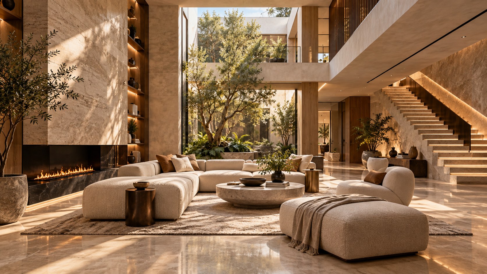 Warm stone, ivory upholstery, bronze accents, wood, and greenery create a restrained yet richly textured atrium interior.