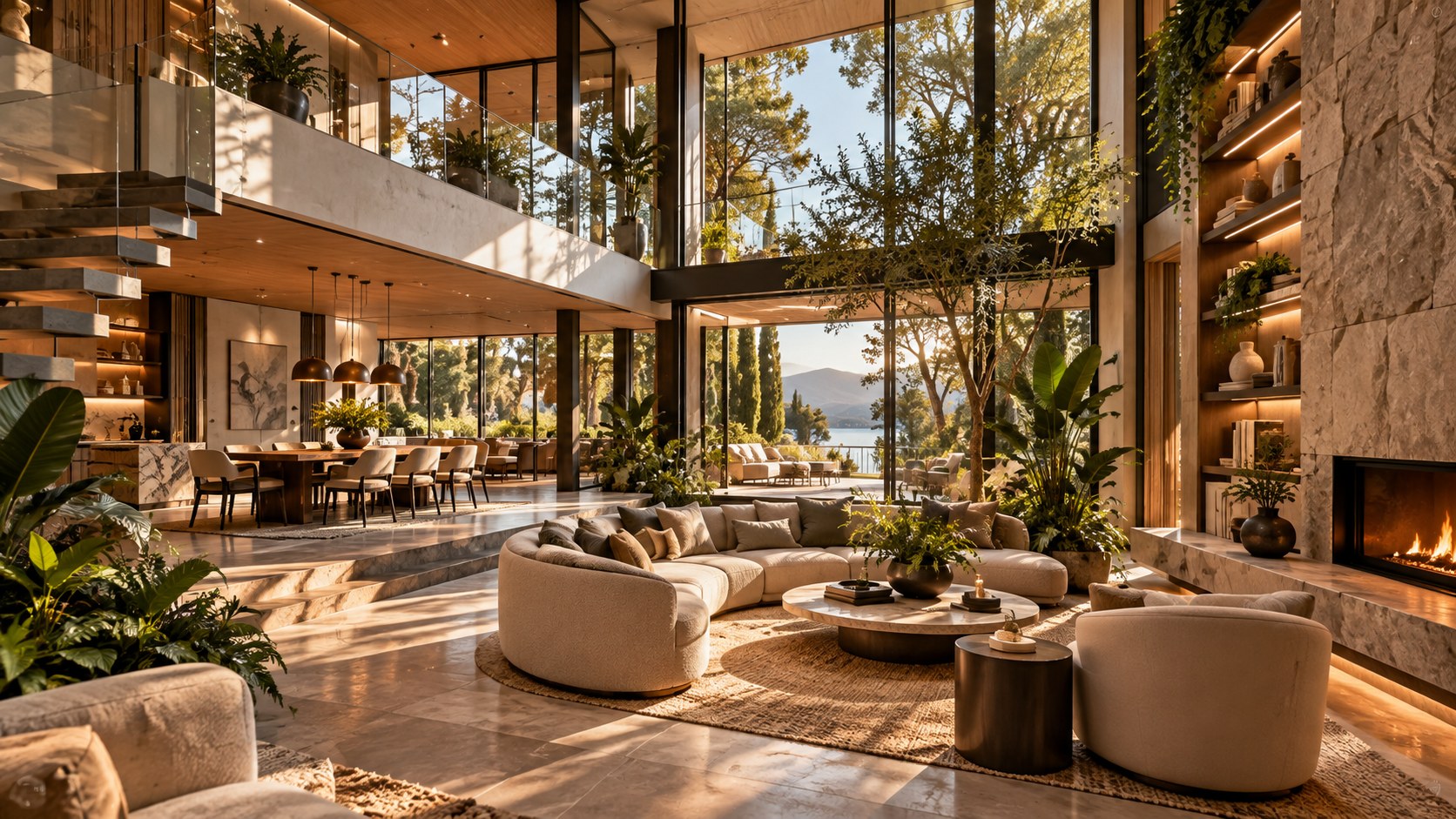 Atrium lounge connects visually to dining, landscape, shelving, fireplace, stair, and upper gallery in one domestic sequence.
