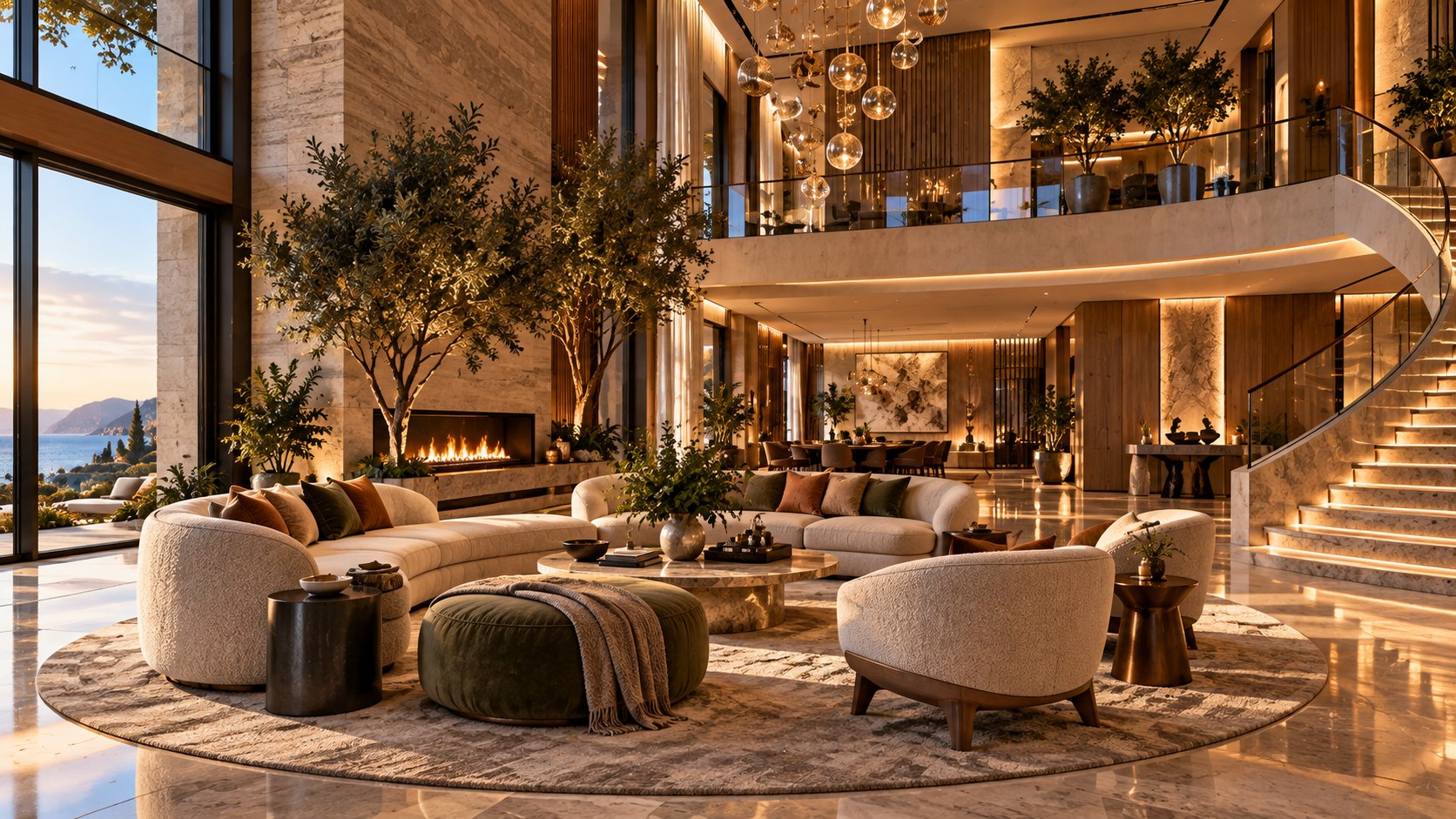 Circular seating island, low fireplace, and tall indoor trees make a monumental atrium feel intimate and inhabitable.