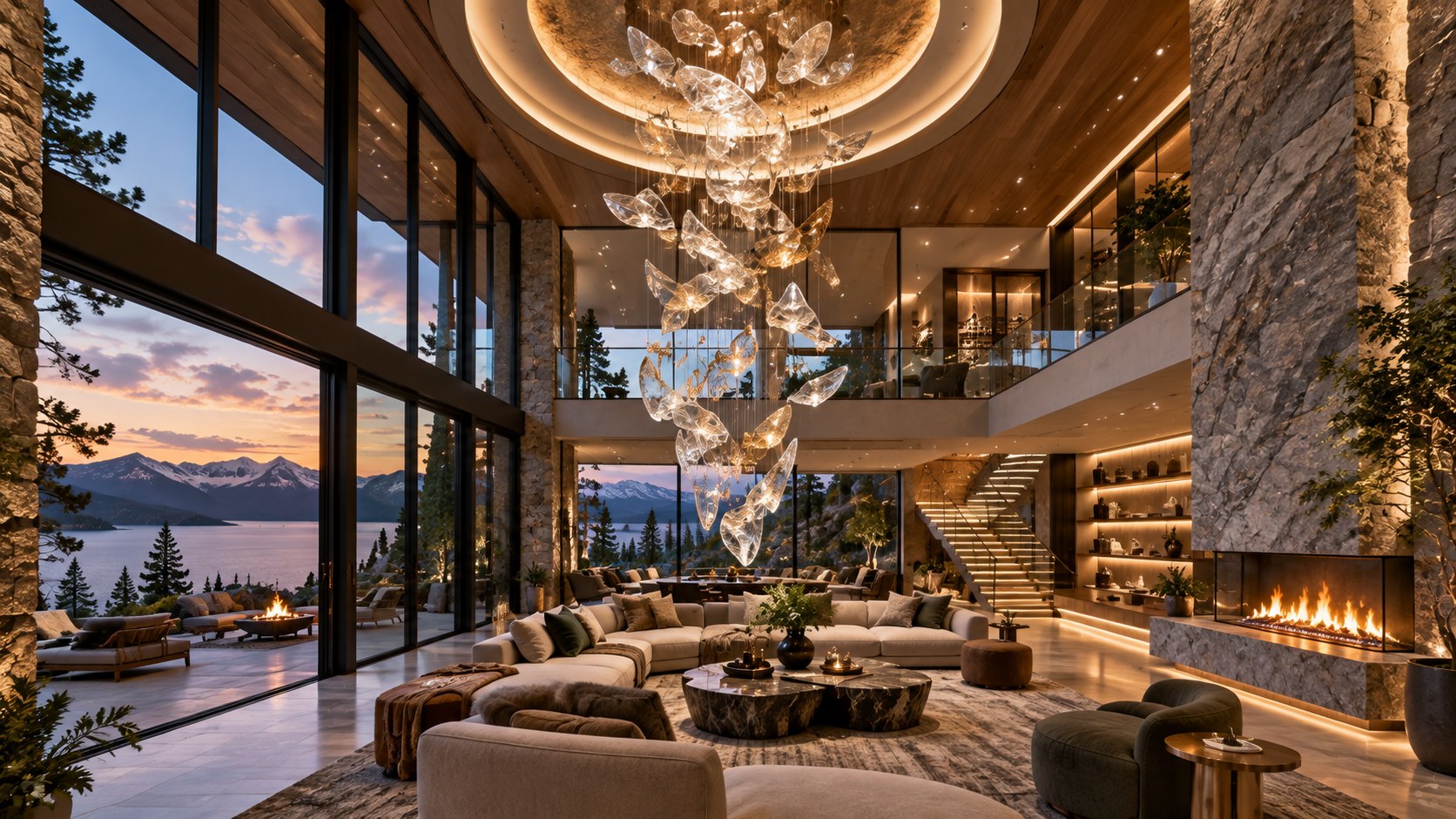 Suspended translucent light installation connects a central seating area to the ceiling of a double-height atrium.