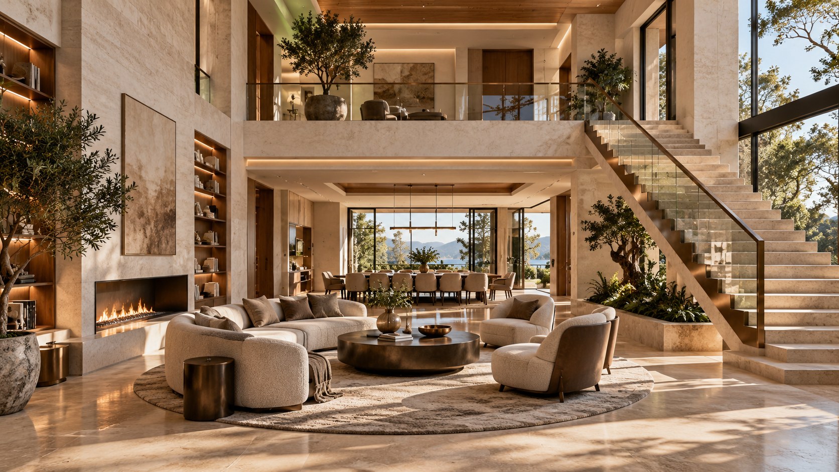 Double-height atrium organizes lounge, stair, gallery, dining, shelving, fireplace, glazing, and planting around one clear center.