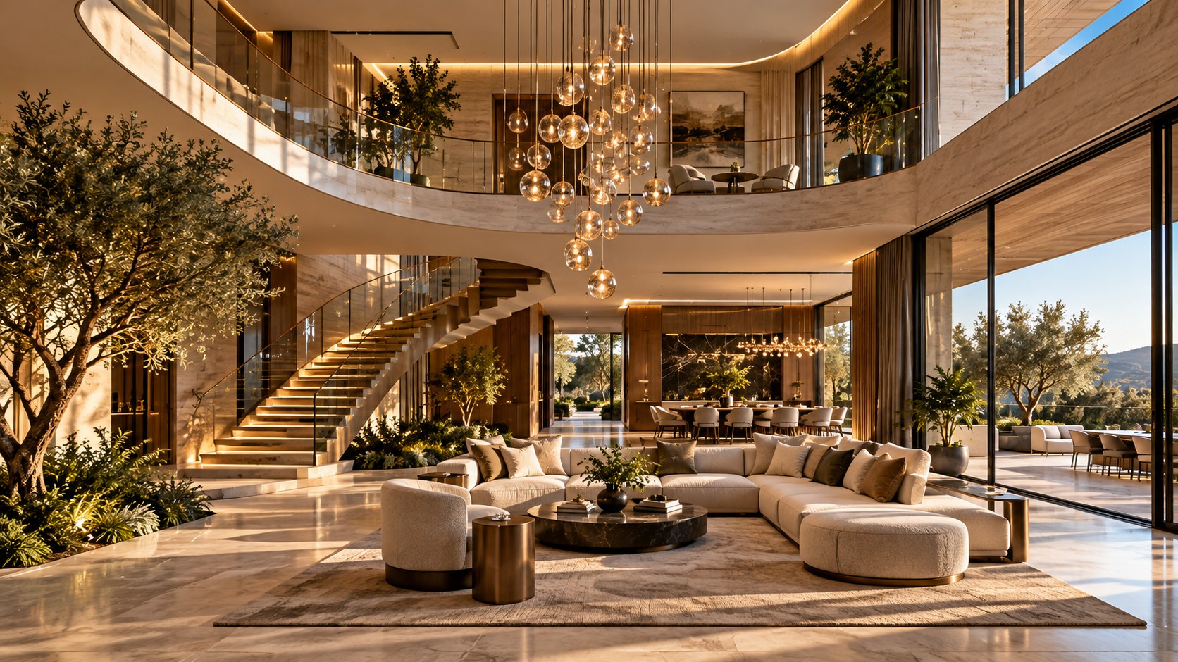 Plausible double-height atrium combines curved circulation, suspended lighting, restrained materials, planting, and human-scaled seating.