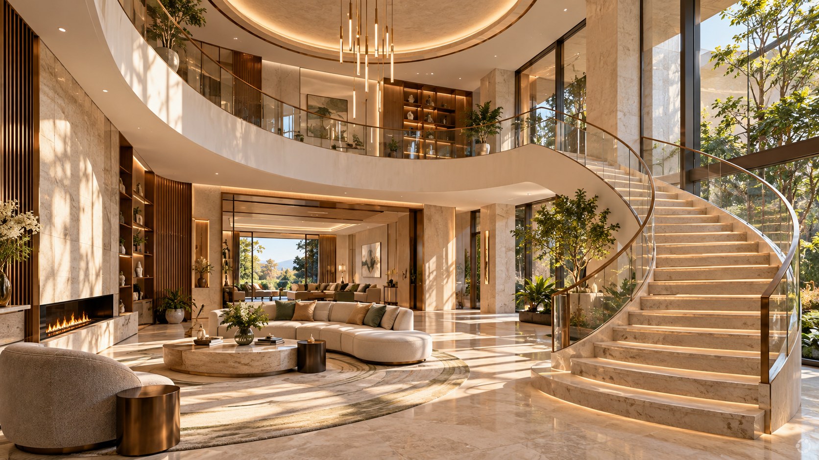 Curved gallery, helical stair, circular ceiling detail, and rounded seating shape movement through a tall luxury atrium.