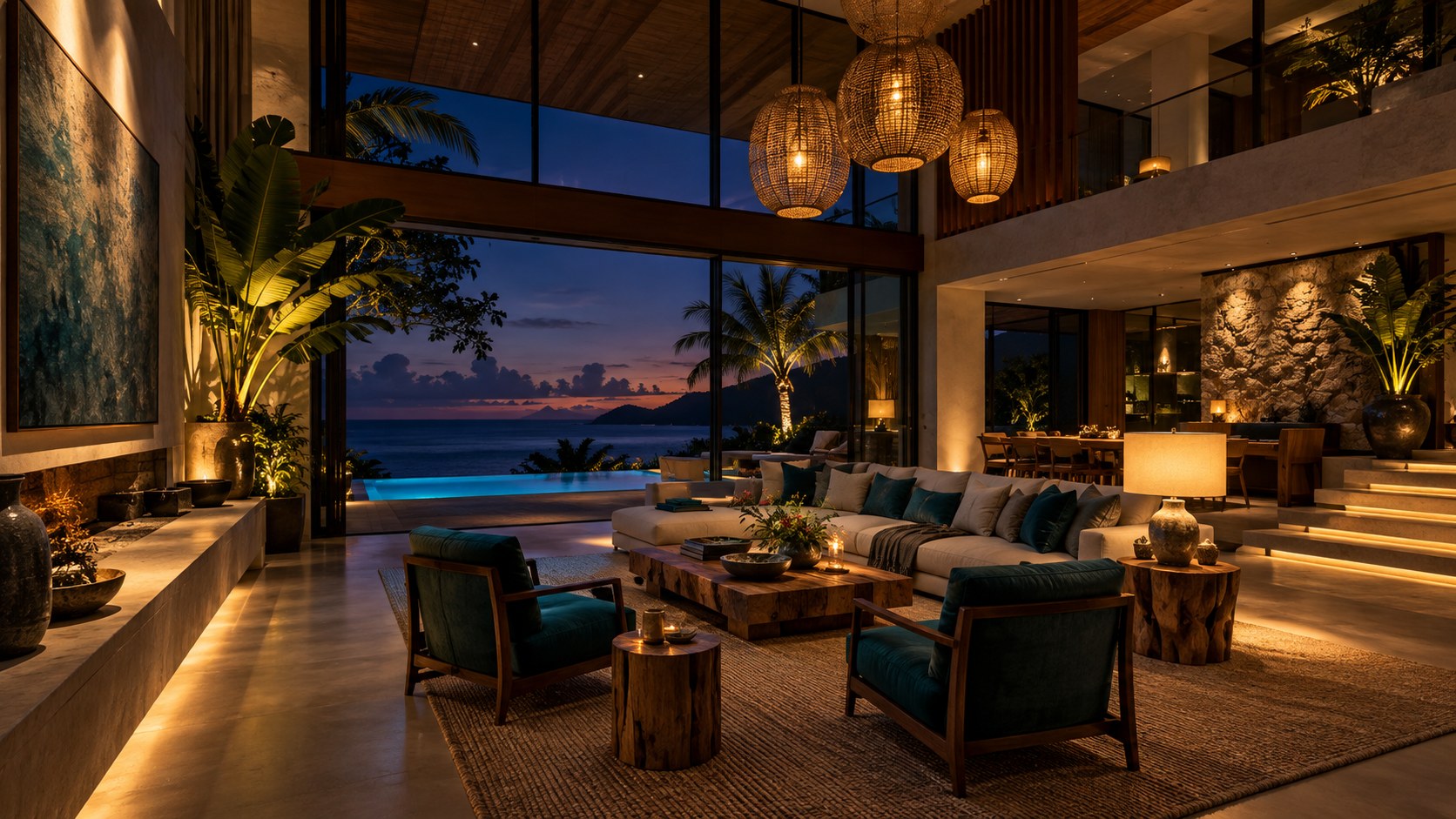 Blue-hour tropical great room with layered pendants, accent lighting, intimate seating, pool glow, and darkened ceiling zones.
