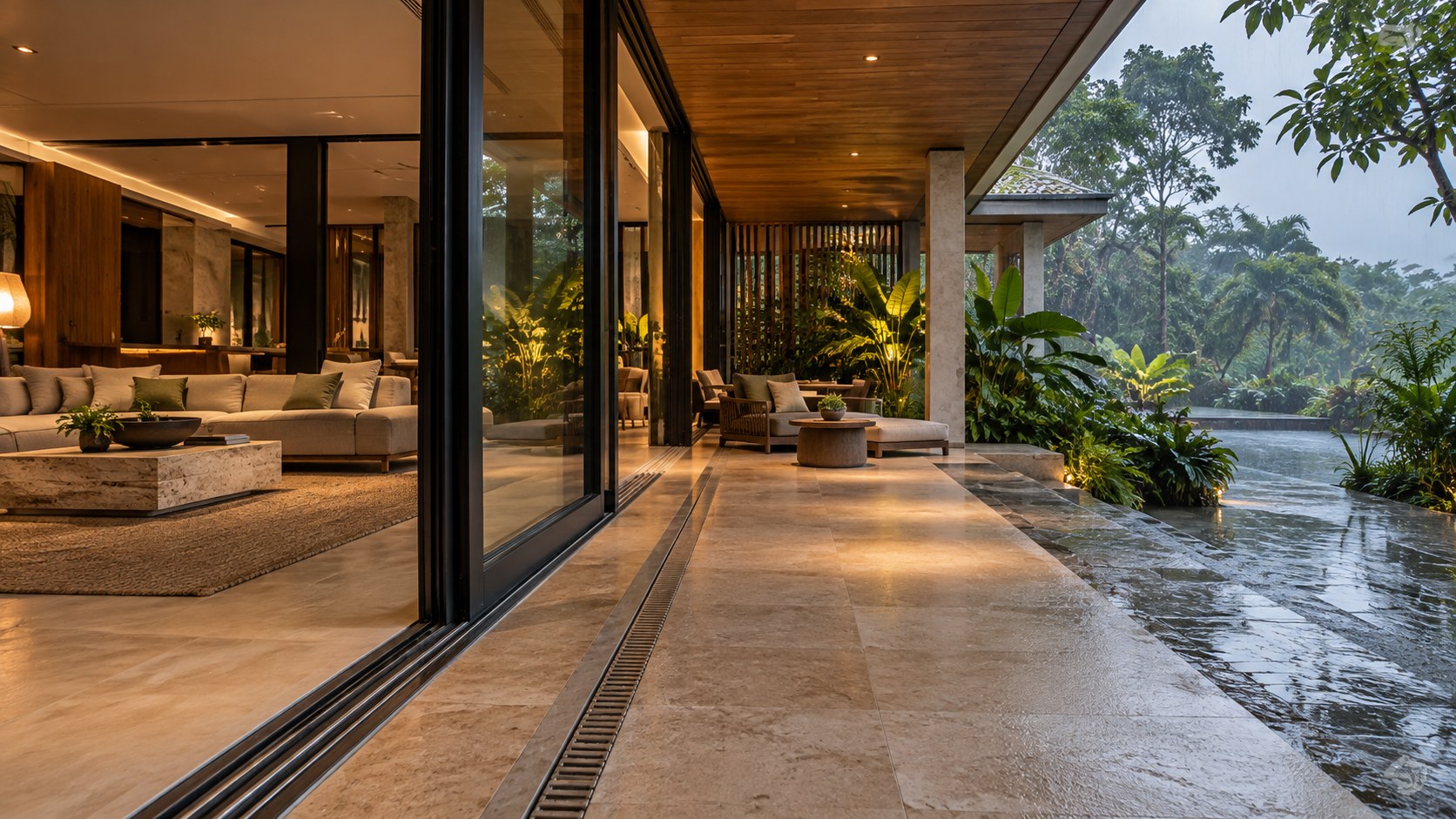 Sheltered tropical threshold with recessed glazing, flush stone floors, drainage, deep overhang, and rain-wet terrace.