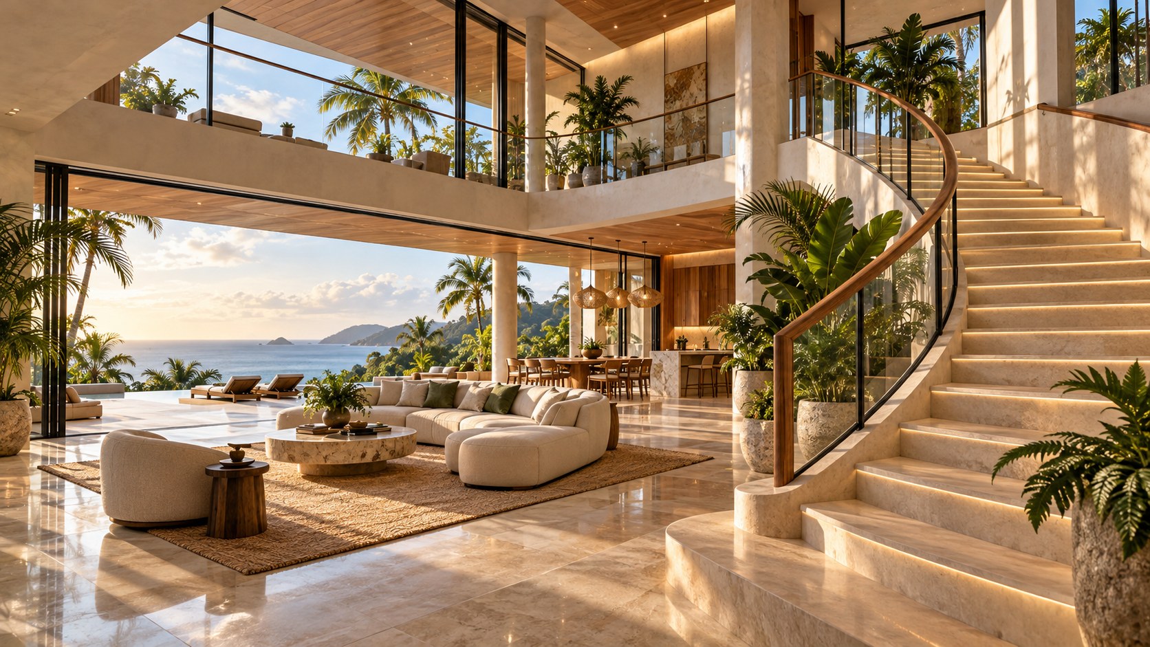 Curved tropical staircase linking a great room, upper gallery, planted landing, and ocean-facing terrace.