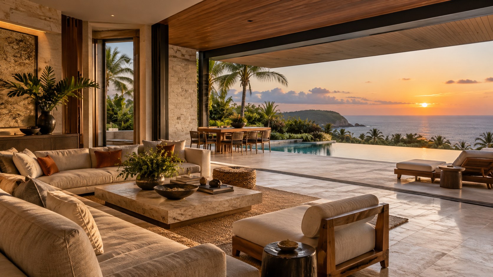 Tropical great room frames layered views across a shaded terrace, reflecting pool, palms, and ocean horizon.