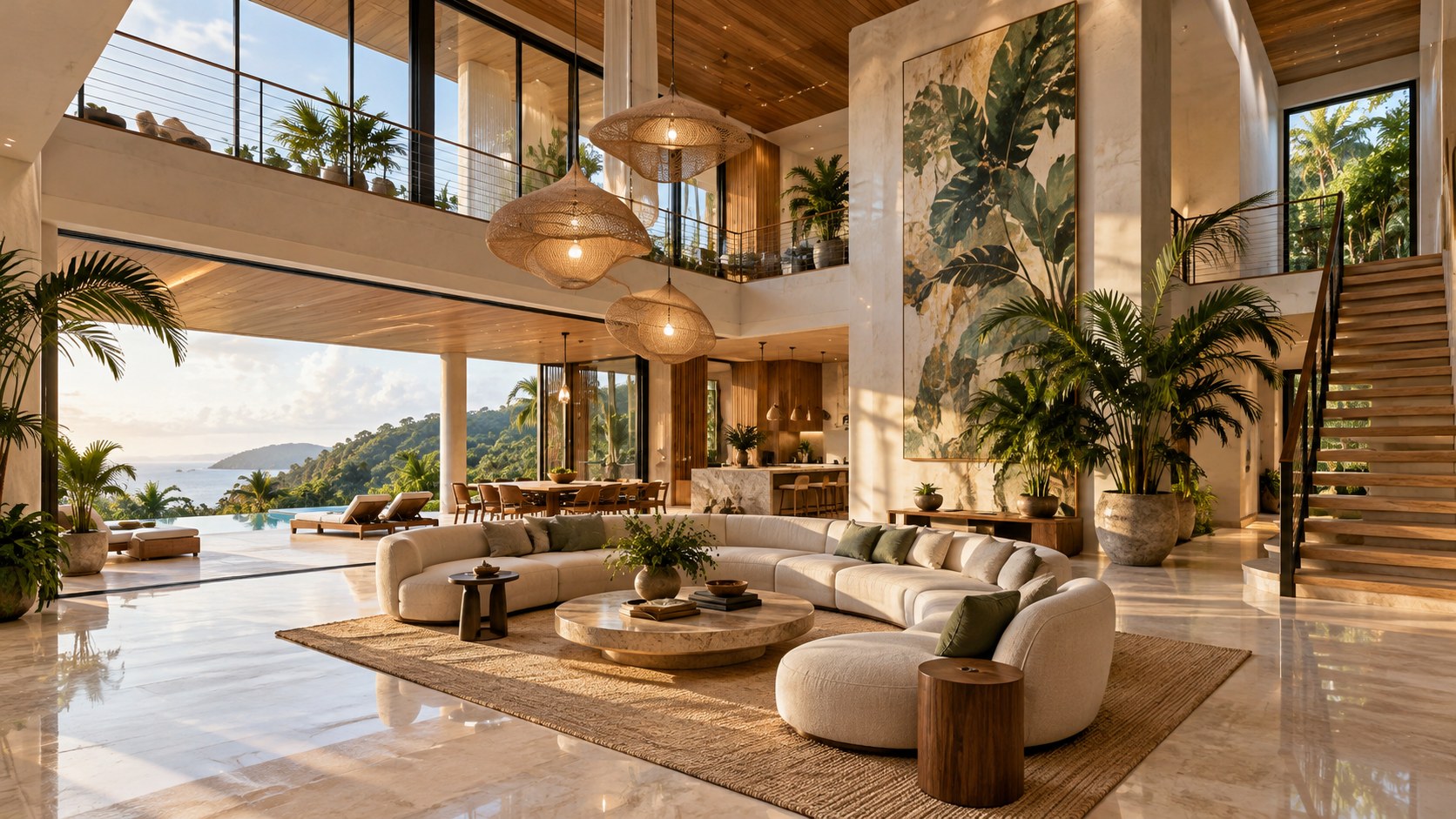 Double-height tropical great room with layered lighting, upper gallery, sculptural seating, art, and tall planting.