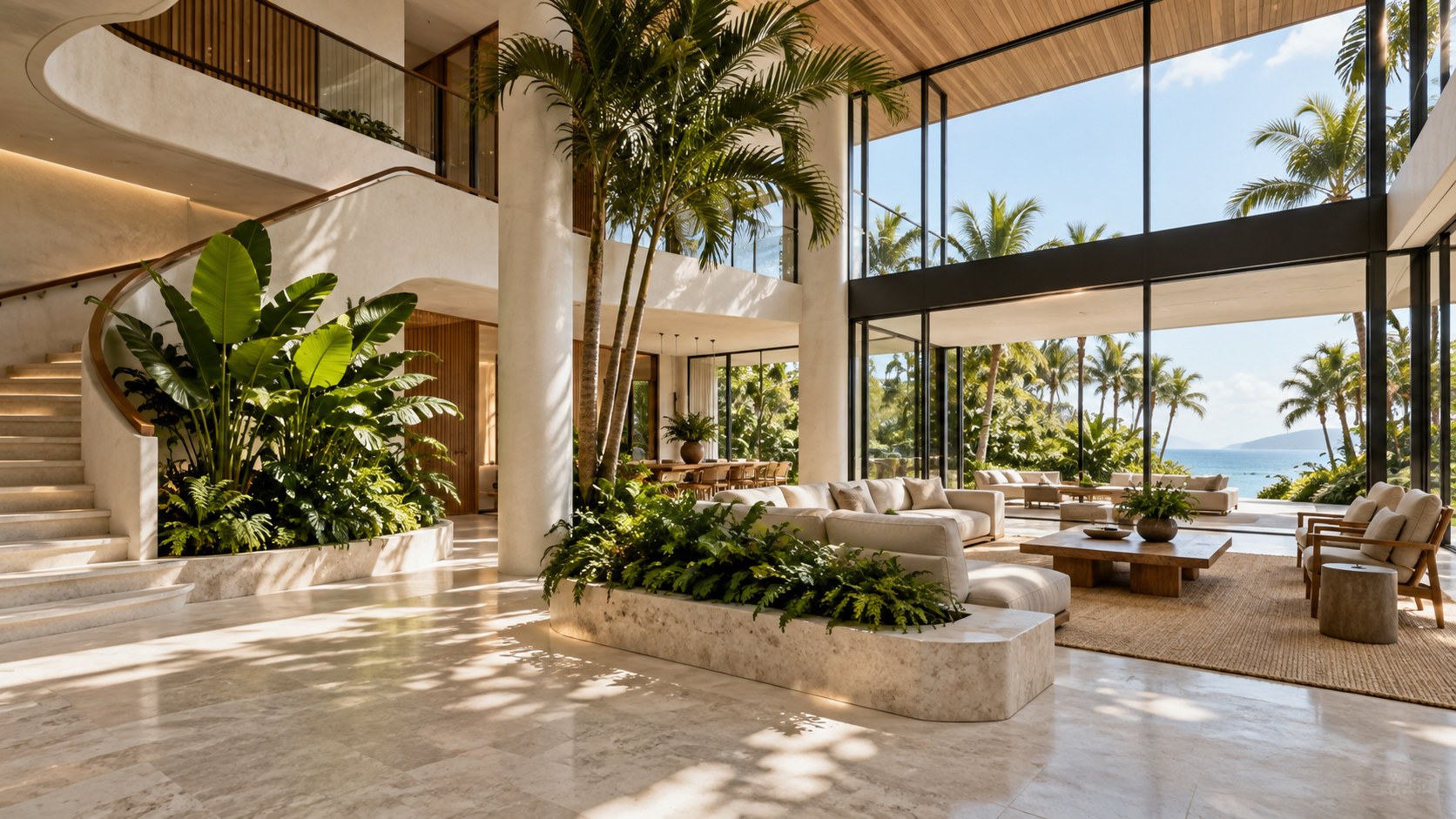 Large tropical plants define circulation and seating zones within a bright stone-and-timber great room.