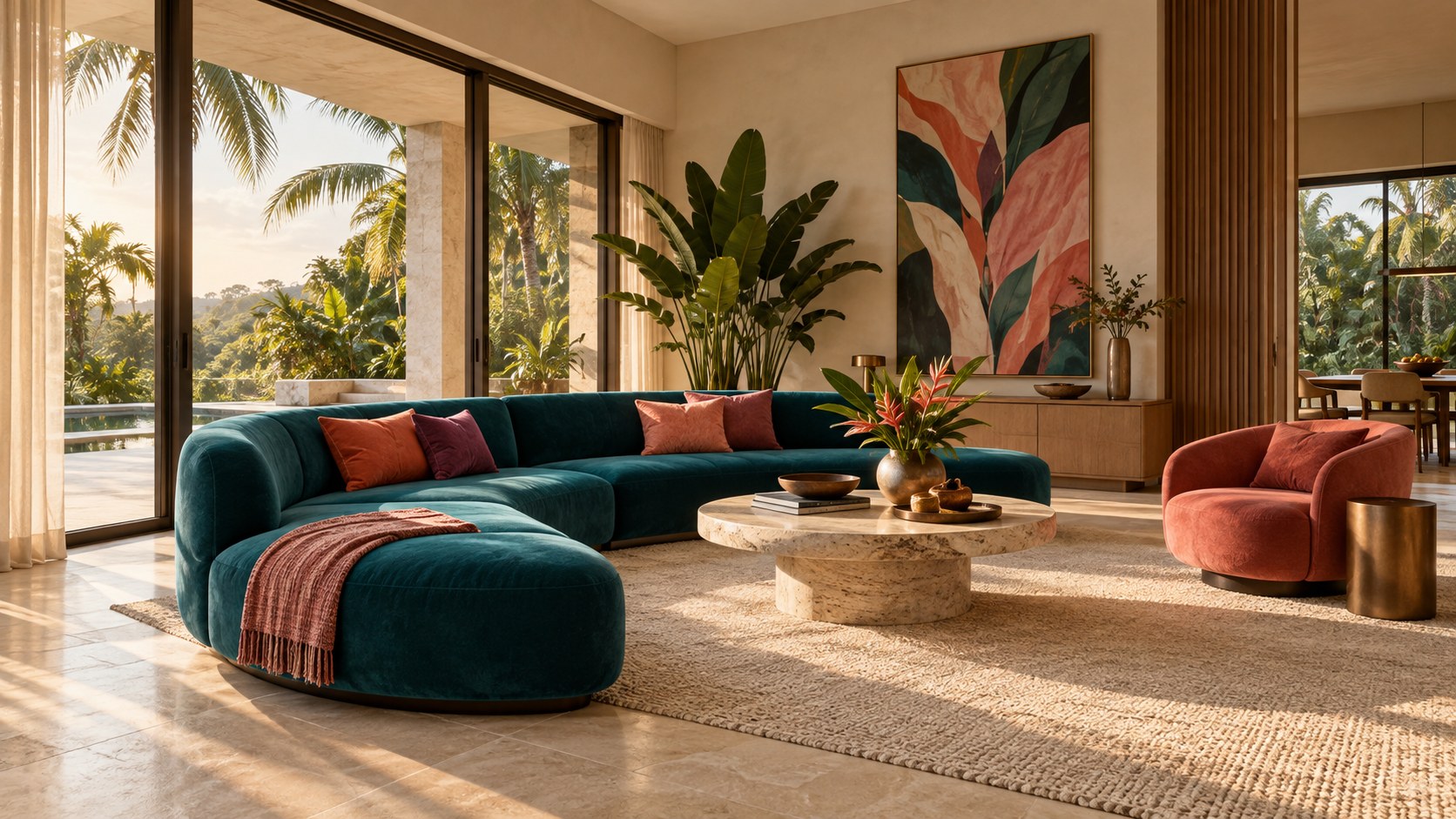 Teal seating and coral accents animate a restrained tropical interior of pale stone, timber, and glass.