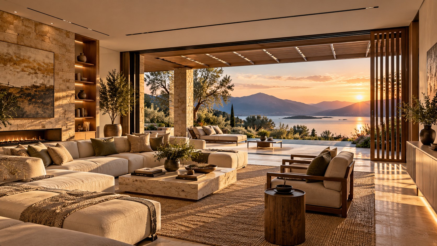 Balanced view-oriented room combines framed glazing, low seating, shade, structure, privacy, and a layered landscape.
