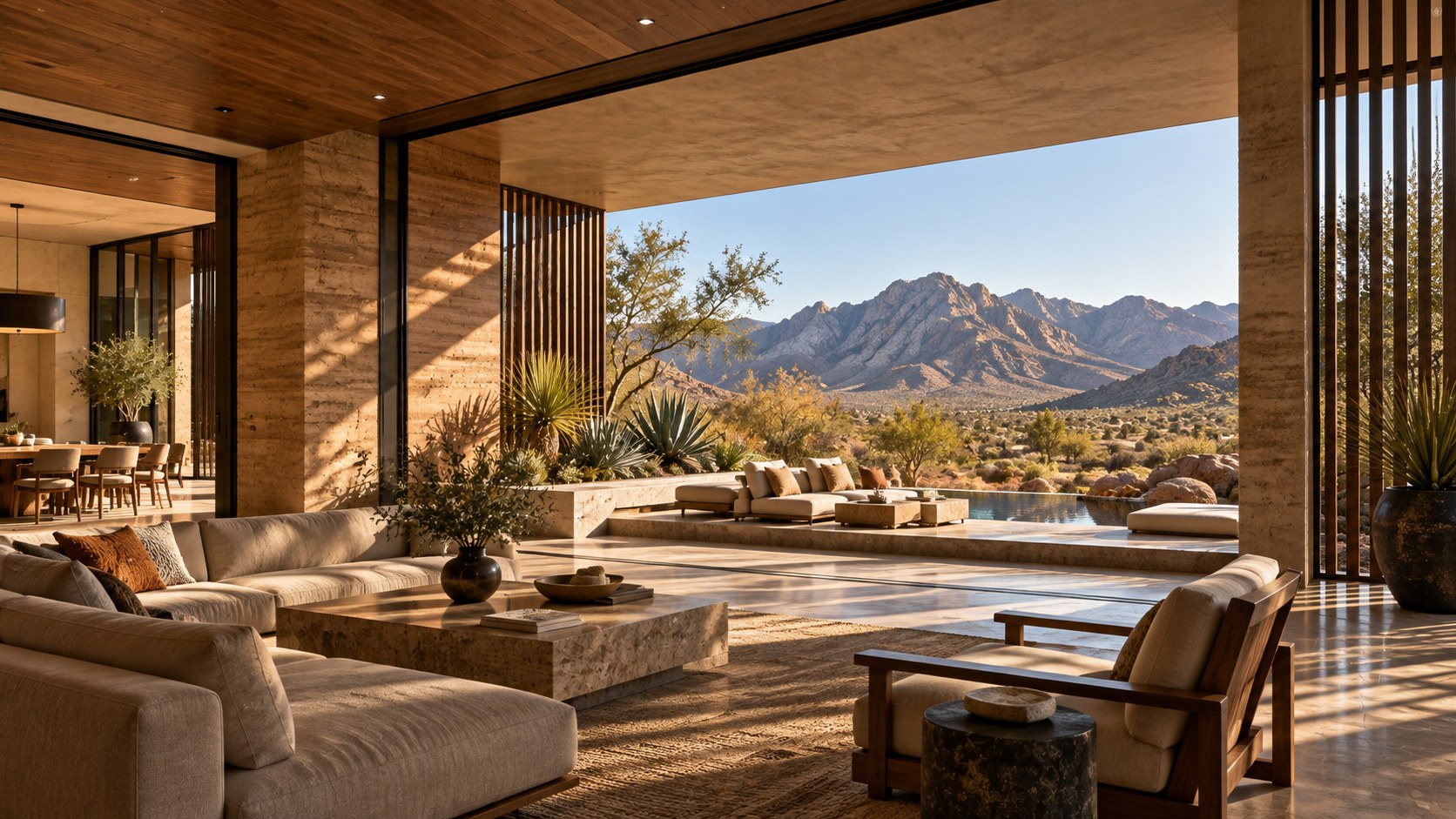Deep overhangs, vertical screens, and desert planting shade a mountain view from a cool interior.
