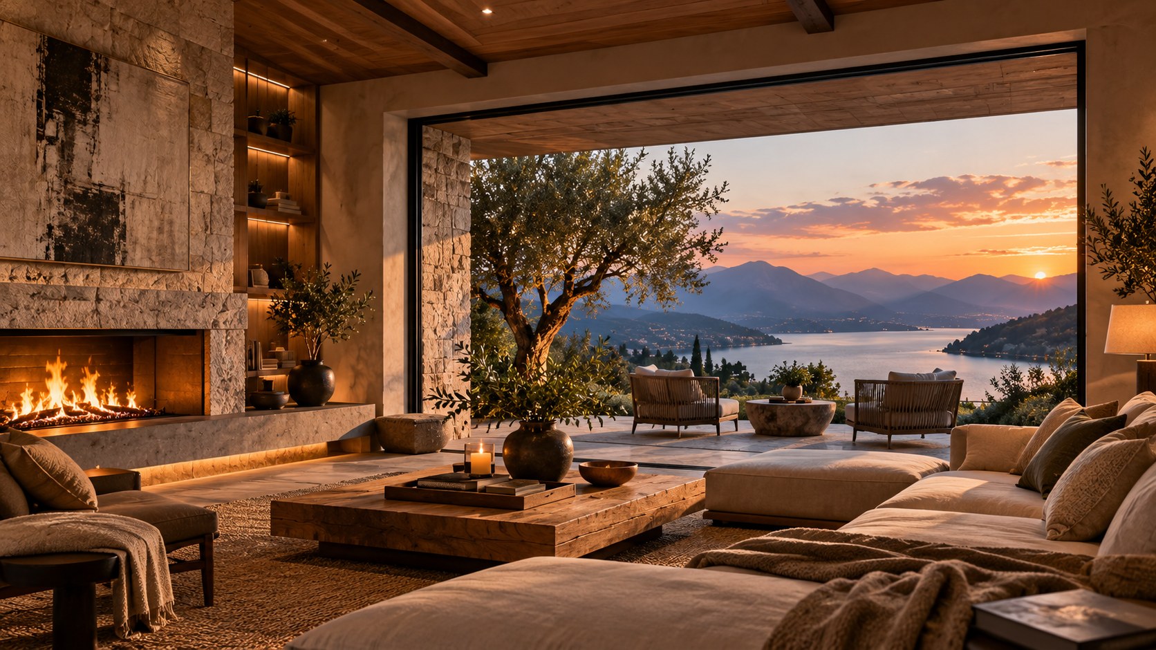 A sheltered living room layers fire, stone, terrace, planting, lake, and mountains into one composed view.