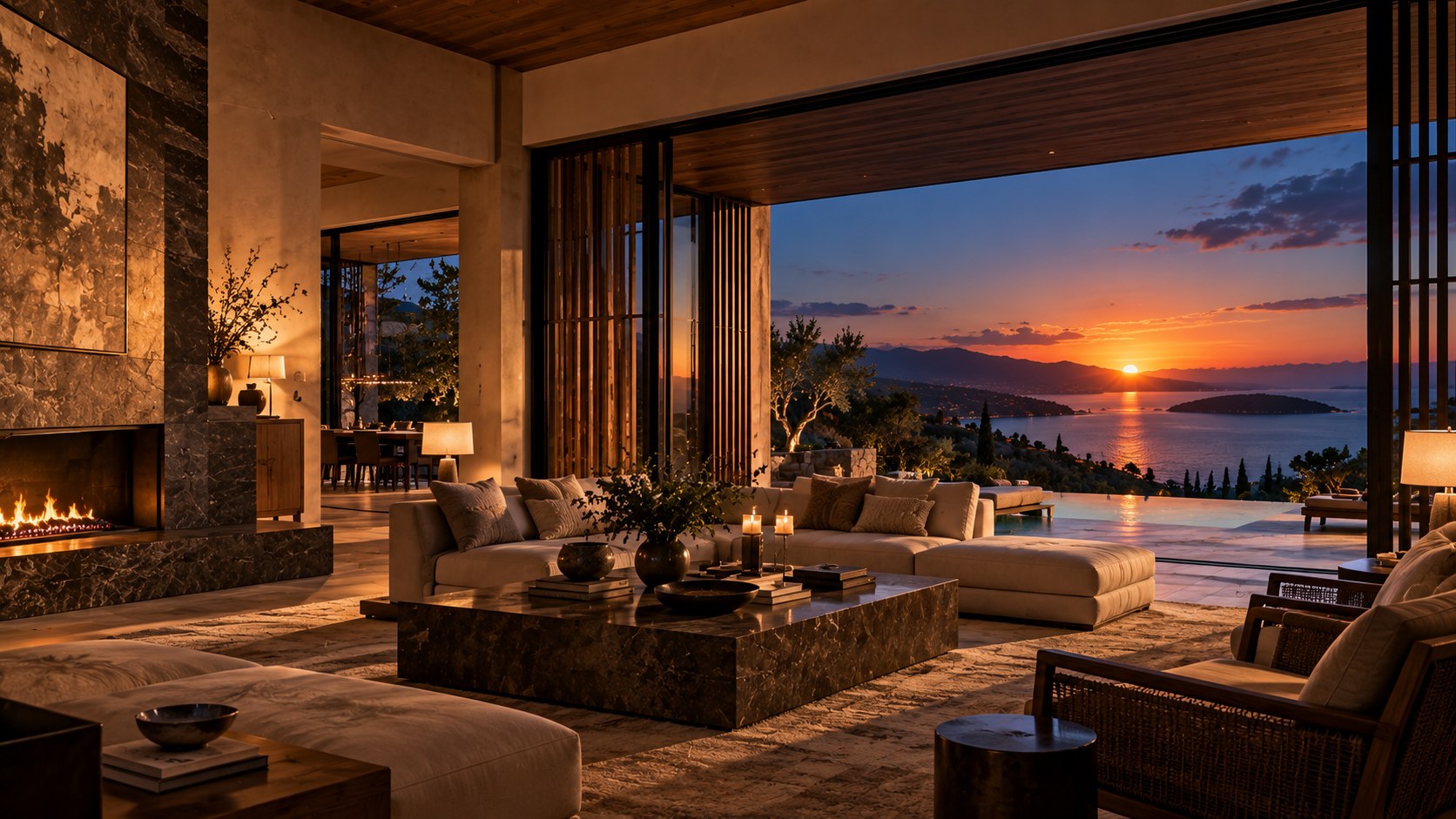 Late sun and early interior lighting share a shaded west-facing room as the landscape shifts toward night.