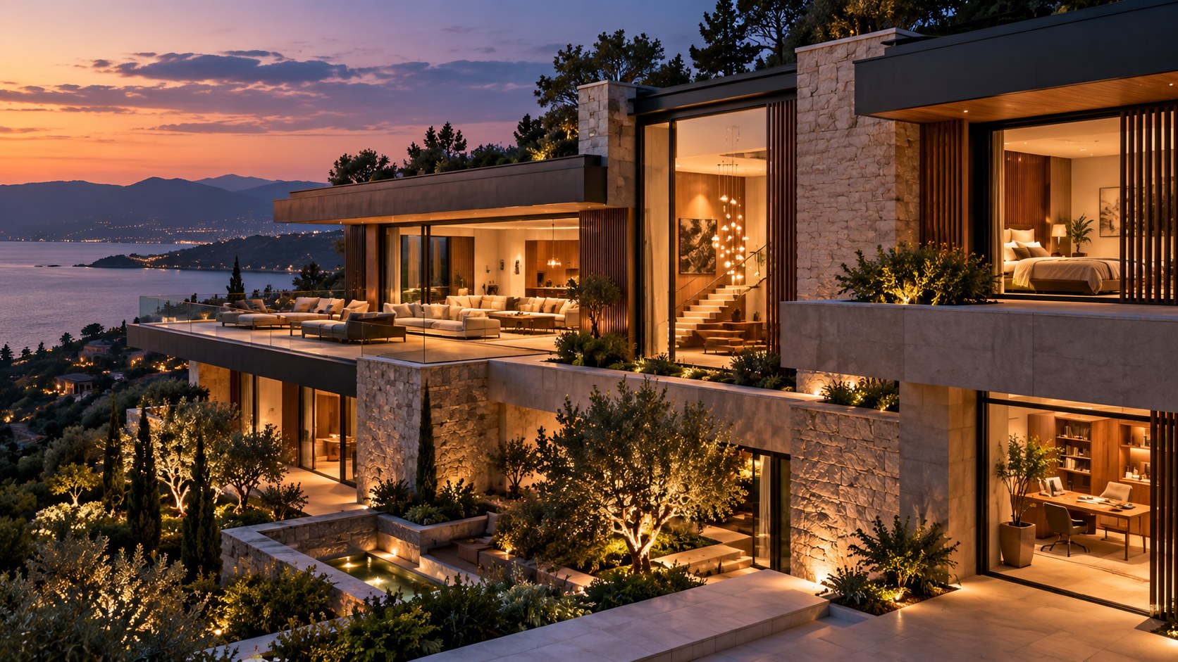 A hillside residence uses varied openings across living, study, stair, bedroom, and courtyard spaces.