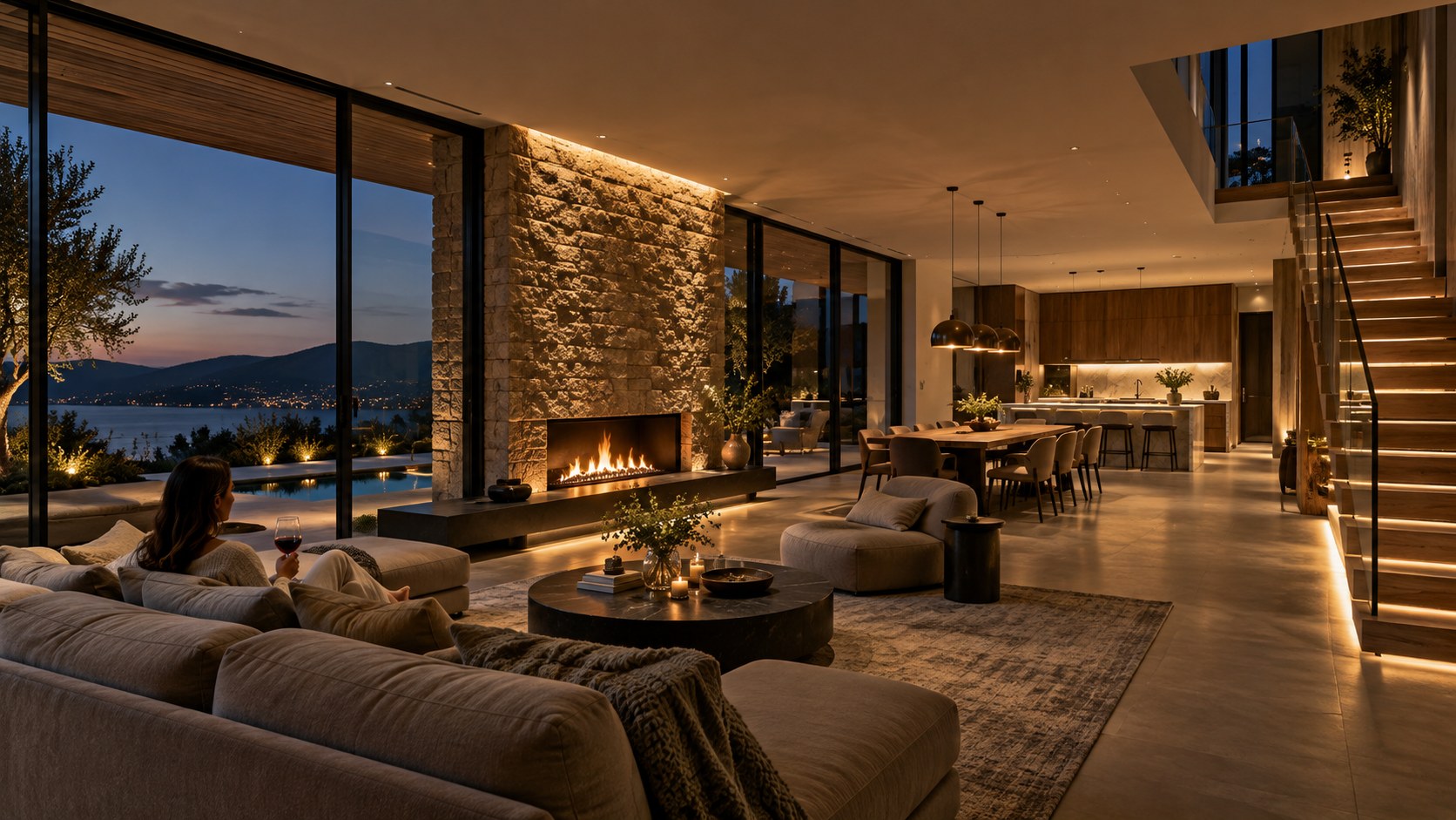 A finished interior review shows controlled reflections, safe stairs, balanced dining light, textured stone, and fireplace glow.