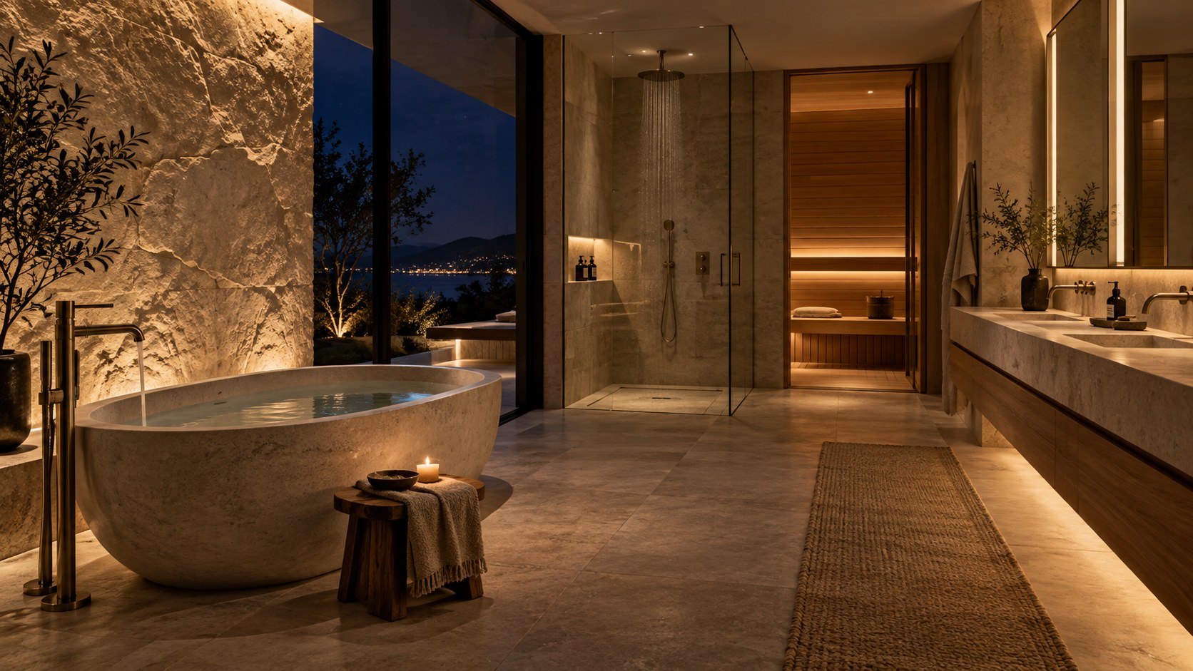 Quiet mirror, concealed, path, and stone lighting create a calm luxury bathroom and wellness retreat.