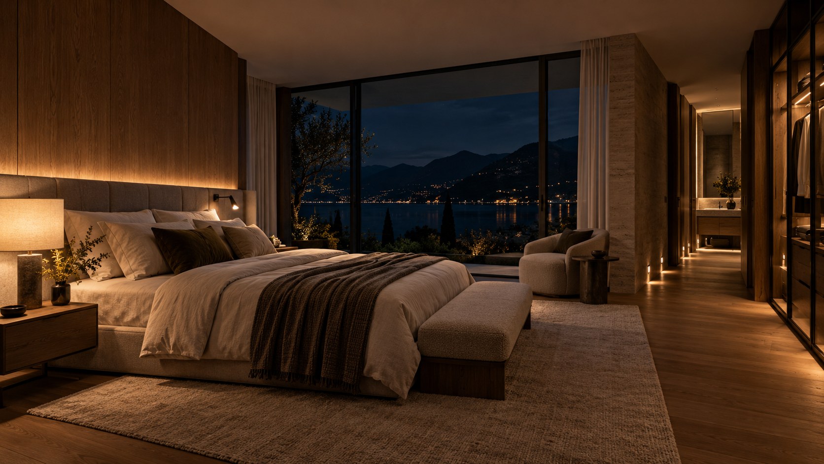 Low-contrast bedroom lighting combines reading, bedside, wardrobe, and path illumination while preserving the night view.