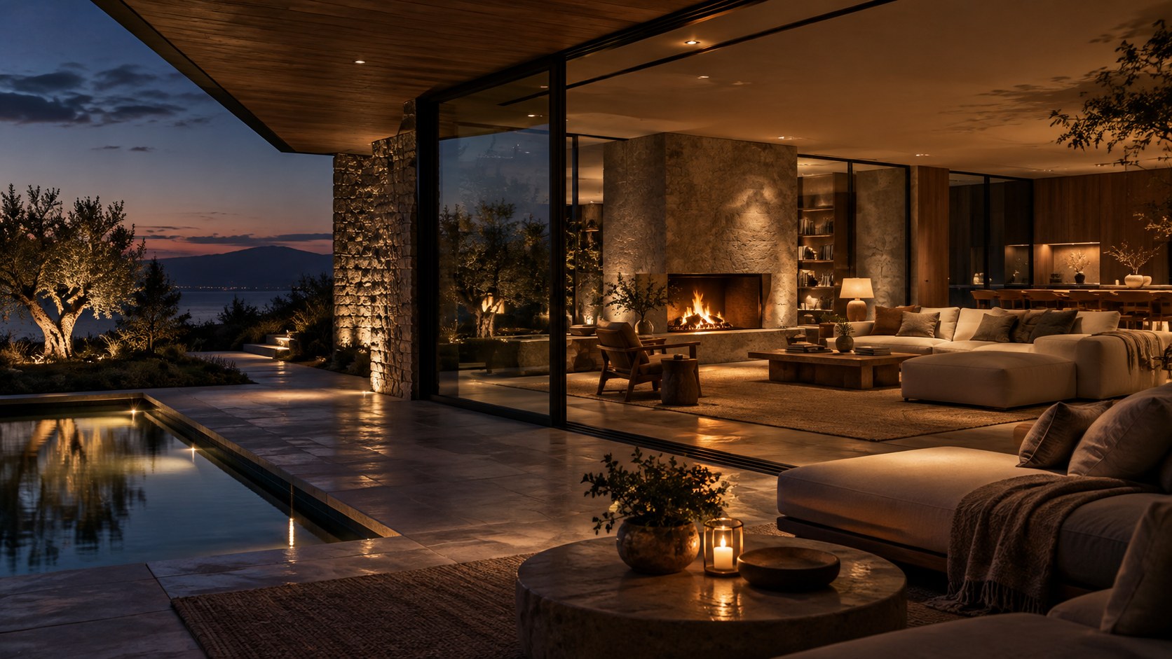 A luxury home shifts from sunset to night through warm stone, timber, fire, lamps, and restrained landscape light.