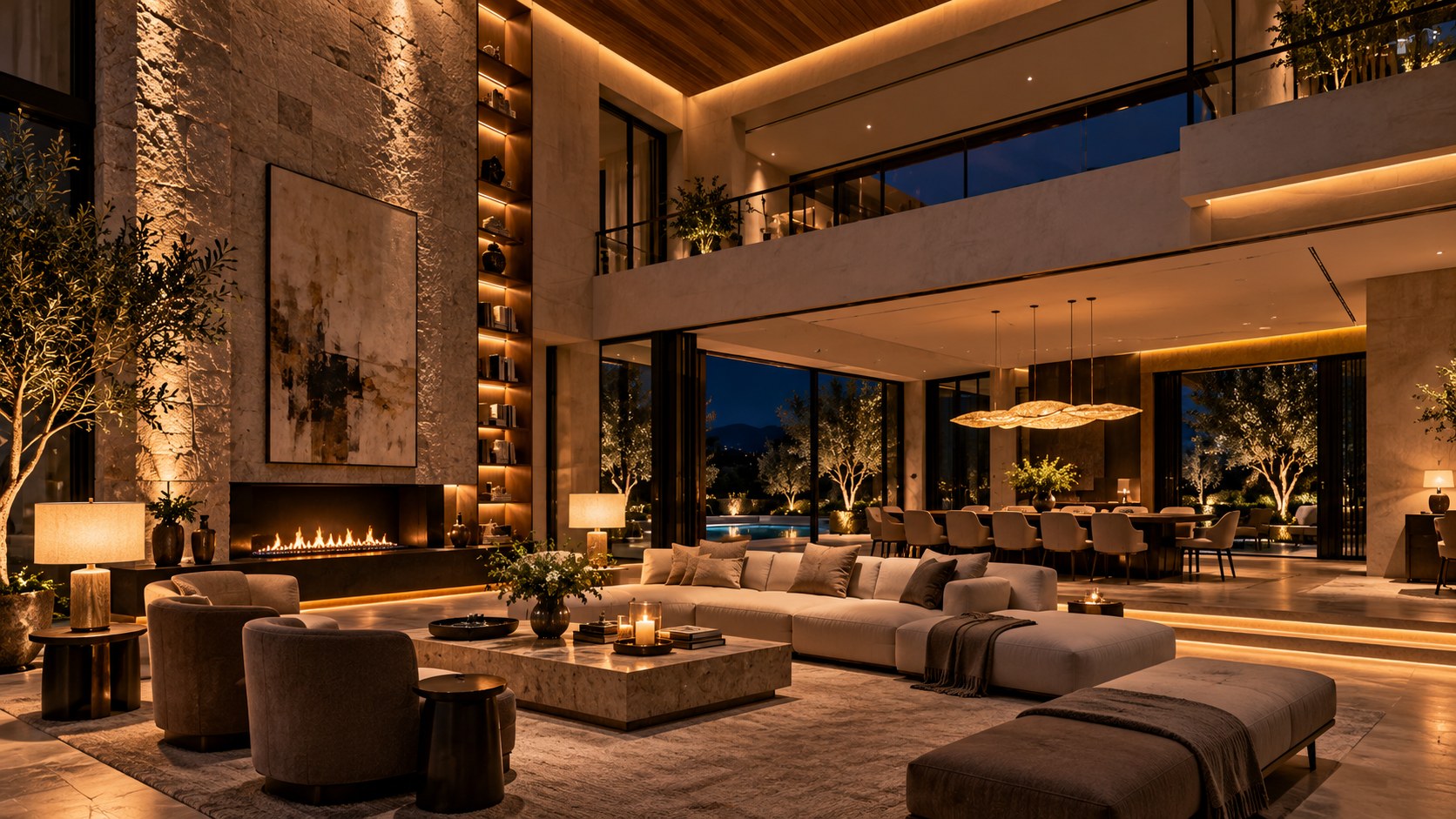 Layered coves, wall washing, pendants, lamps, and step lights shape a double-height interior without excessive downlights.