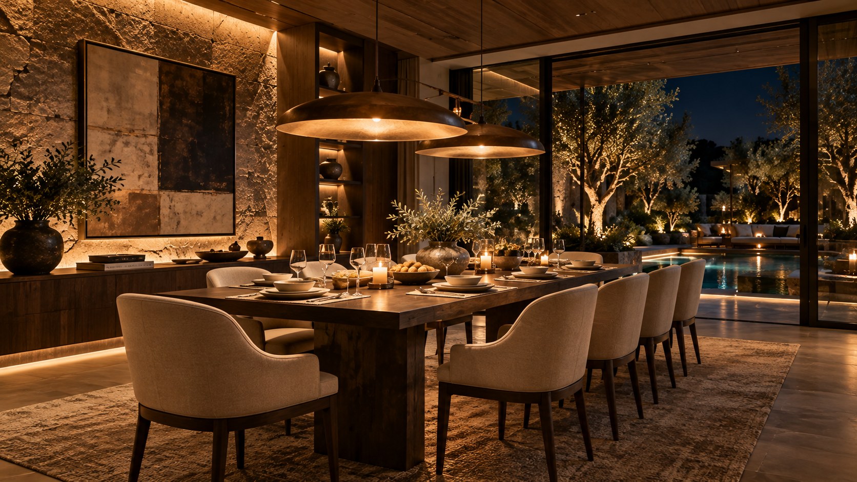 Warm pendant light centers a dining table while stone, shelving, and garden views remain softly visible.