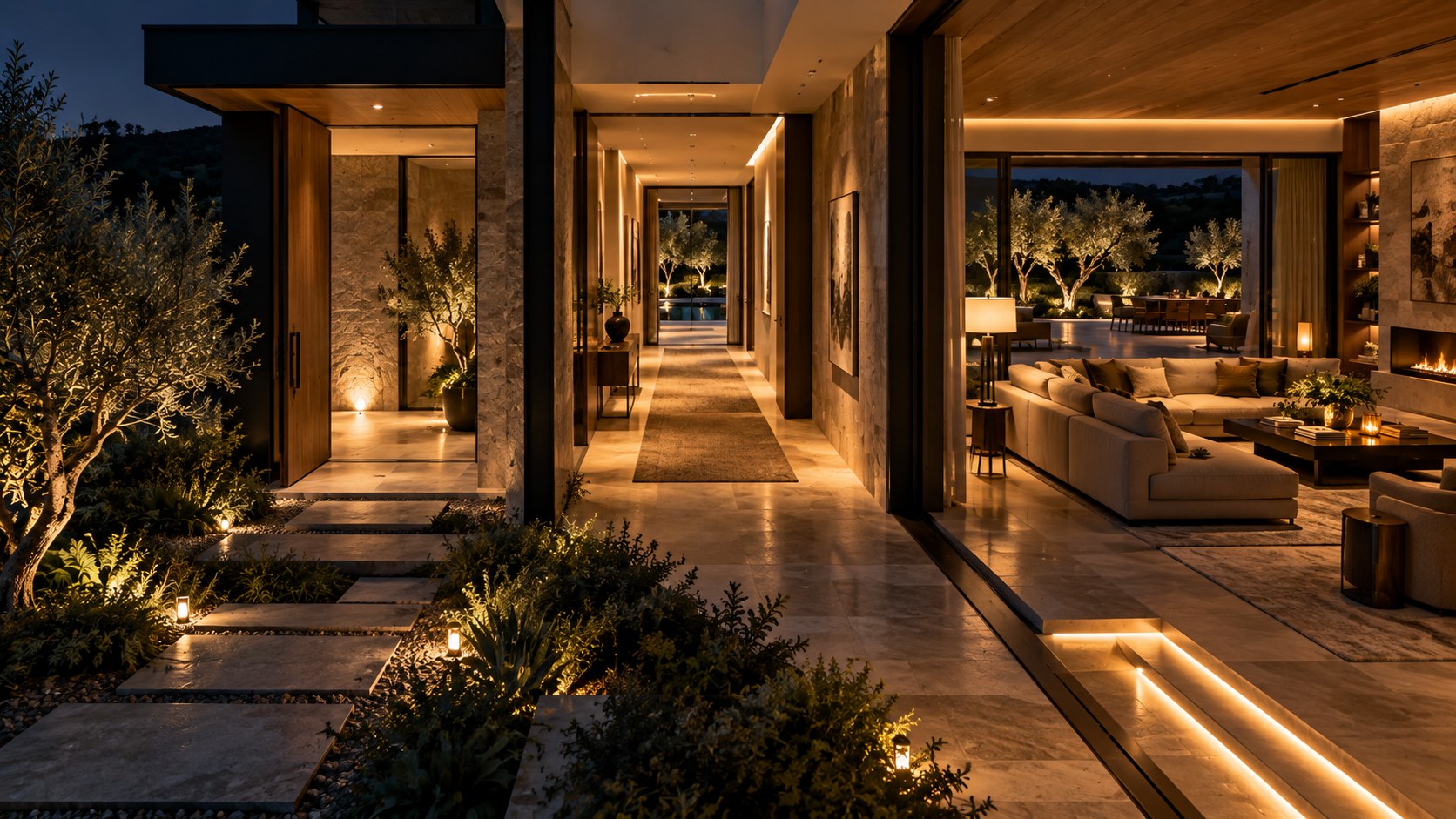 Exterior path, vestibule, hall, and lounge shift gradually in brightness to support comfortable evening adaptation.