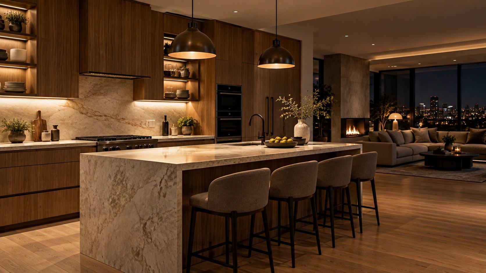 Task-lit counters and softly illuminated cabinetry balance precision and atmosphere in an open luxury kitchen.
