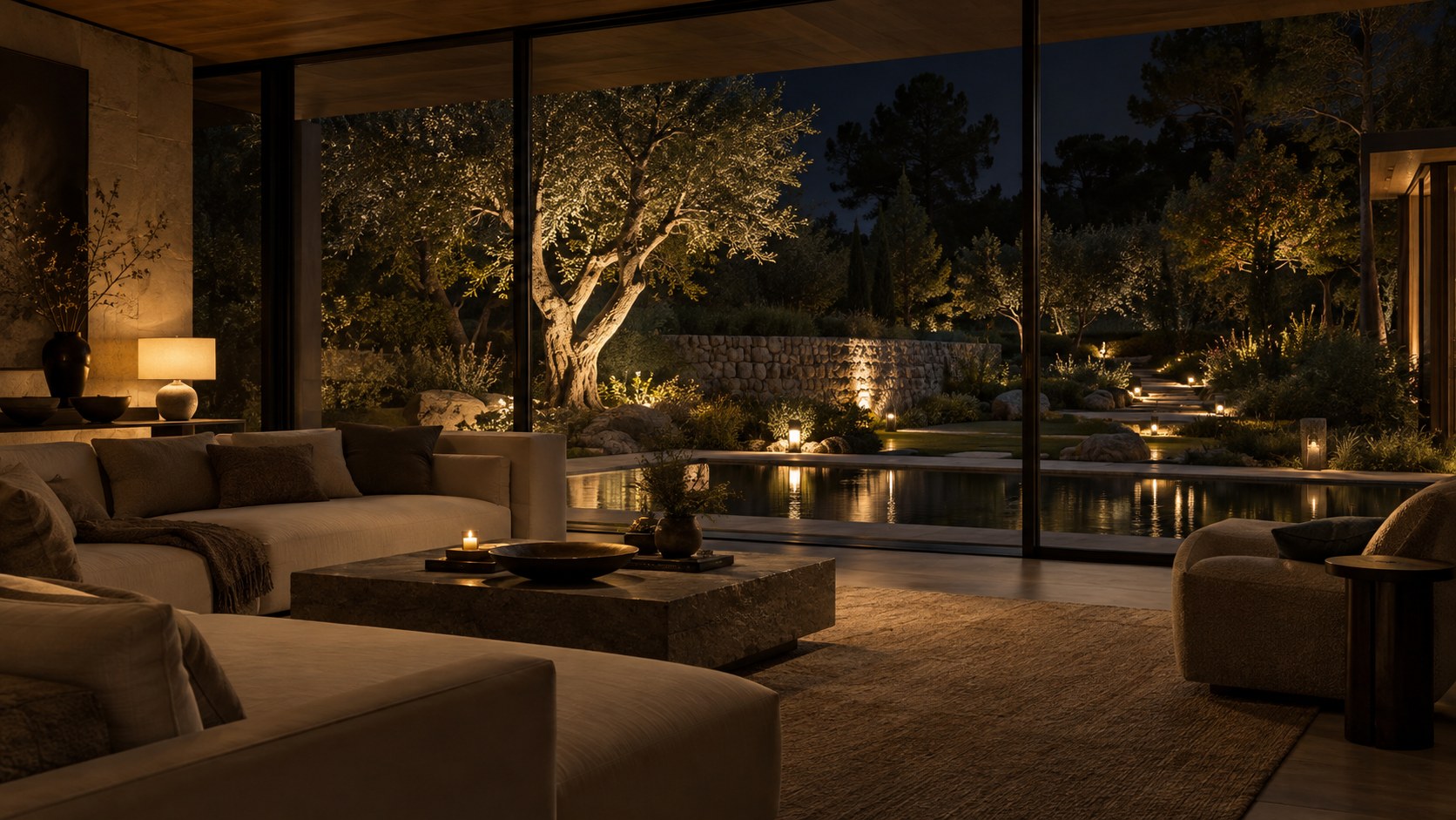 Selective tree, wall, path, and water lighting extends visual depth beyond a glass-walled living room.