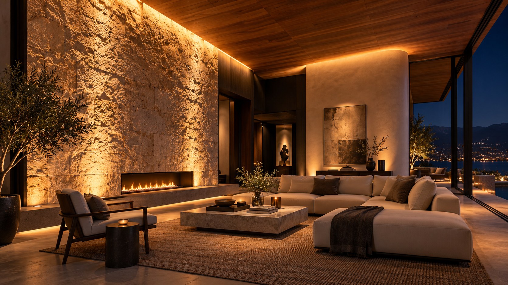 Grazed limestone, softly lit timber, and luminous plaster create layered depth in a luxury living room.