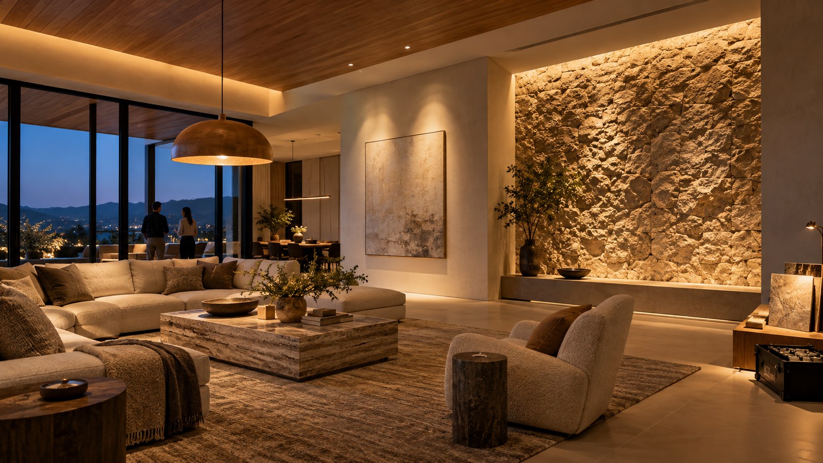 Full-scale stone, timber, plaster, and pendant lighting are tested together in a nearly completed luxury interior.
