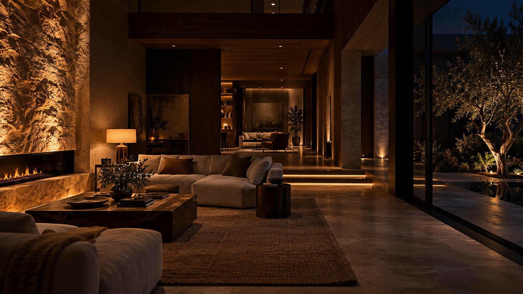 Selective light reveals stone, seating, and circulation while darker recesses add depth to a luxury interior.
