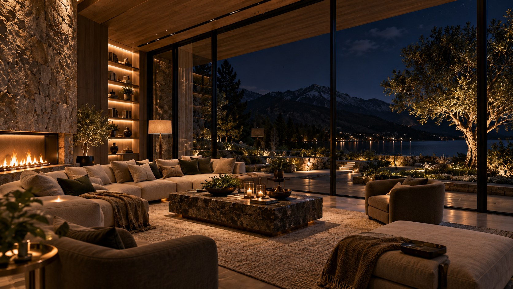 Controlled interior lighting and selective garden illumination keep a large glass wall transparent after dark.