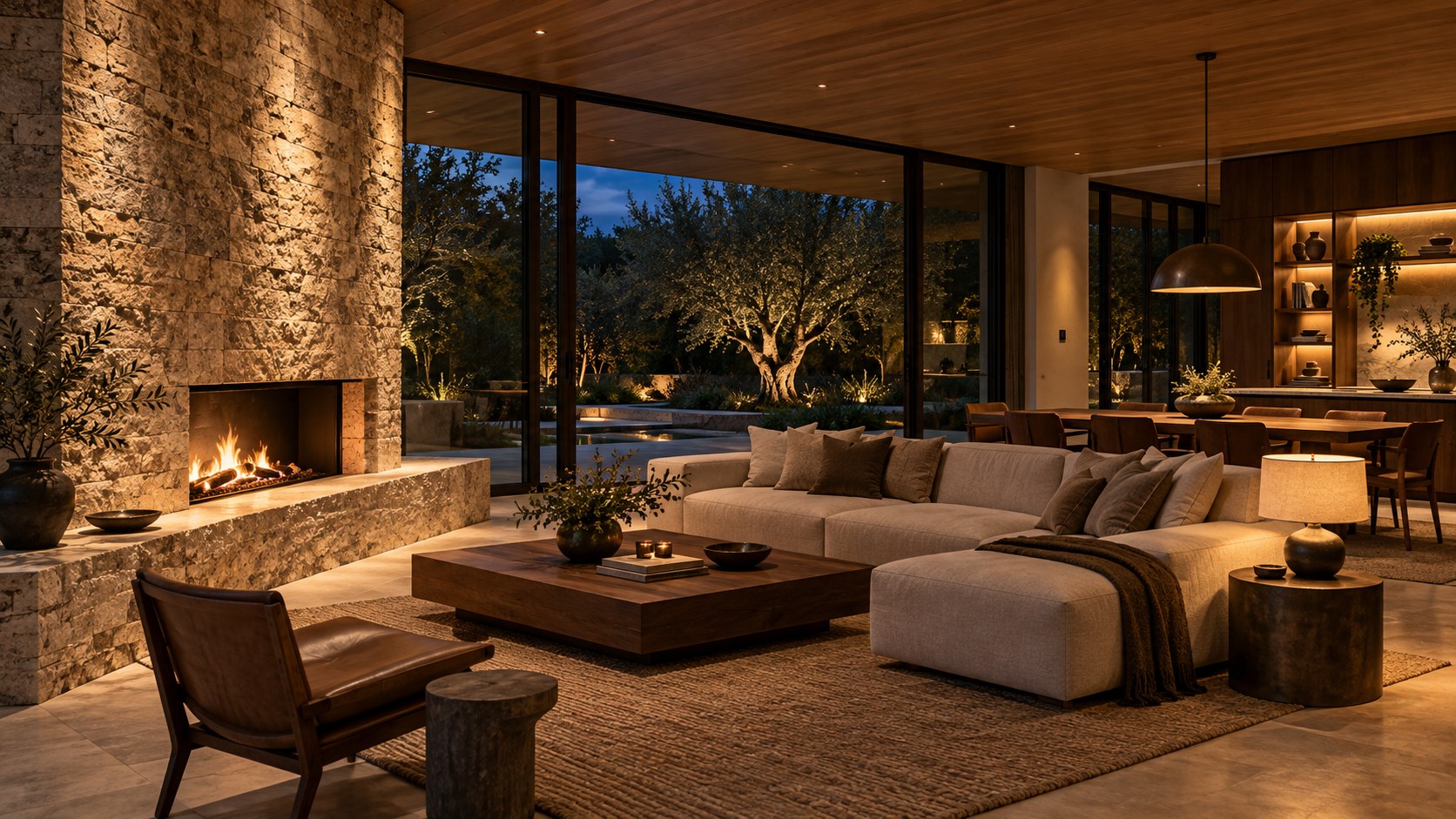 Stone, timber, fireplace, pendant, lamps, shelving, and garden lighting form one controlled evening hierarchy.