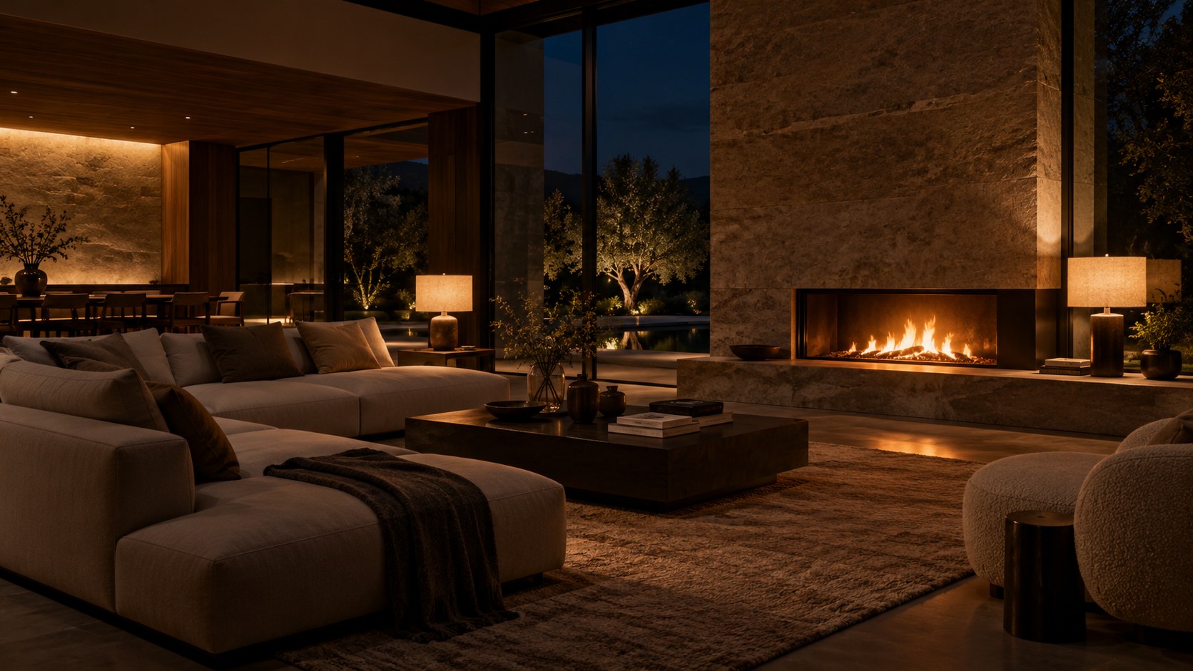 Fireplace, table lamps, one softly lit wall, and a distant tree keep a luxury room coherent at low light.