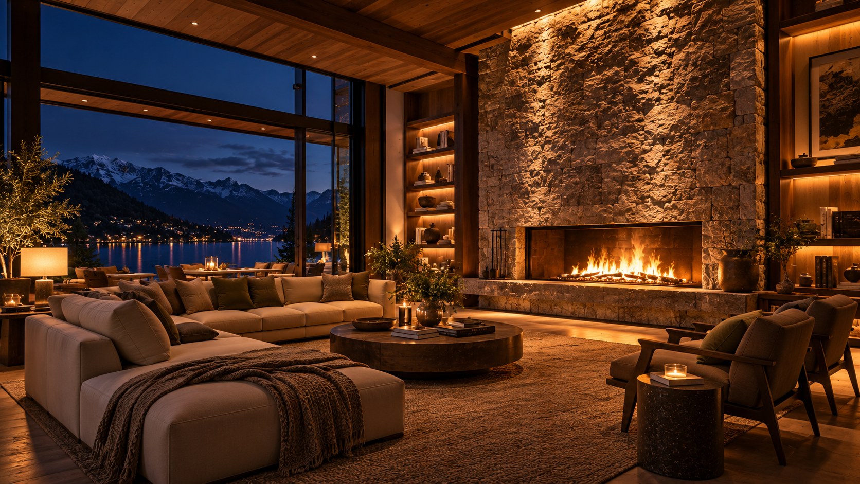 A stone fireplace anchors a softly lit luxury living room while seating also faces the night landscape.