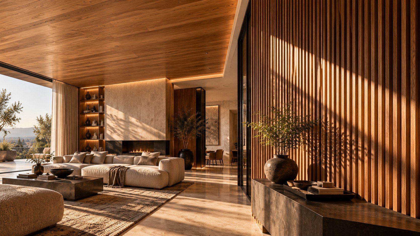 Soft light reveals a timber ceiling while raking light creates rhythmic shadows across vertical wood slats.