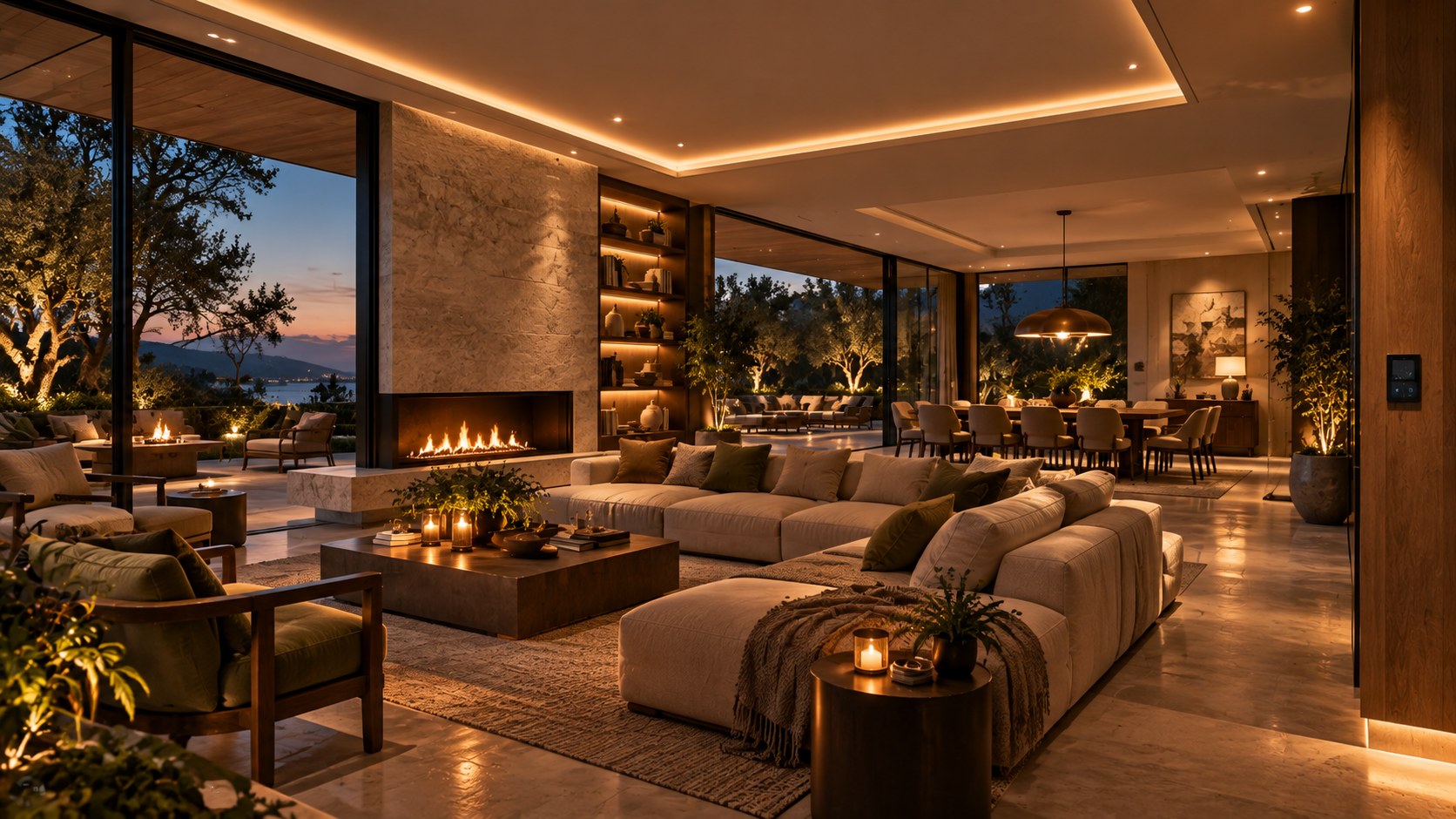 A coordinated evening scene blends ambient, fireplace, dining, shelving, and landscape lighting through discreet controls.