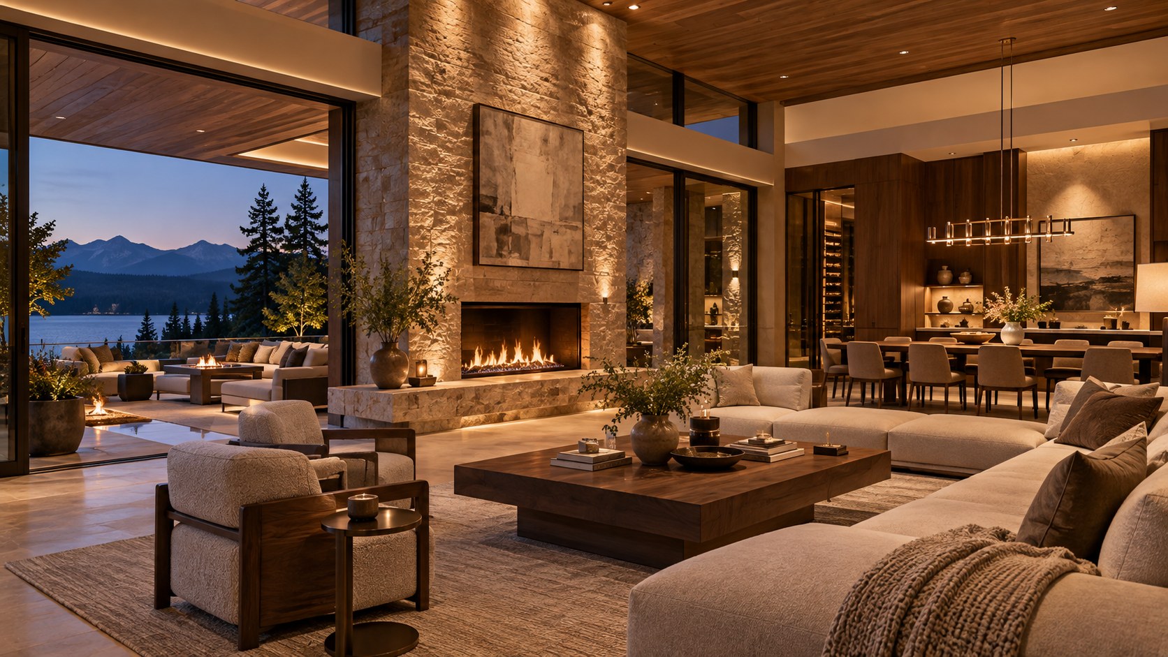 Warm-white lighting preserves the natural colors of stone, walnut, bronze, fabrics, and ceramics.